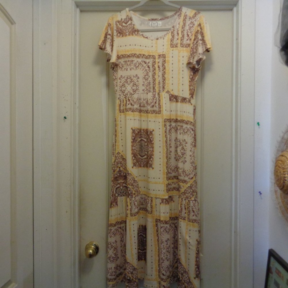BOHO 24/7 MAURICES  BOHO BEAUTIFUL LEMON YELLOW & BROWN MAXI DRESS S